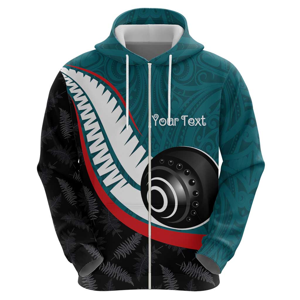 Personalised Aotearoa Lawn Bowls Zip Hoodie Maori and Silver Fern Sporty Style Teal Color LT03 - Polynesian Pride