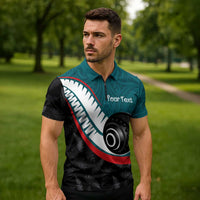 Personalised Aotearoa Lawn Bowls Zipper Polo Shirt Maori and Silver Fern Sporty Style Teal Color LT03 - Polynesian Pride