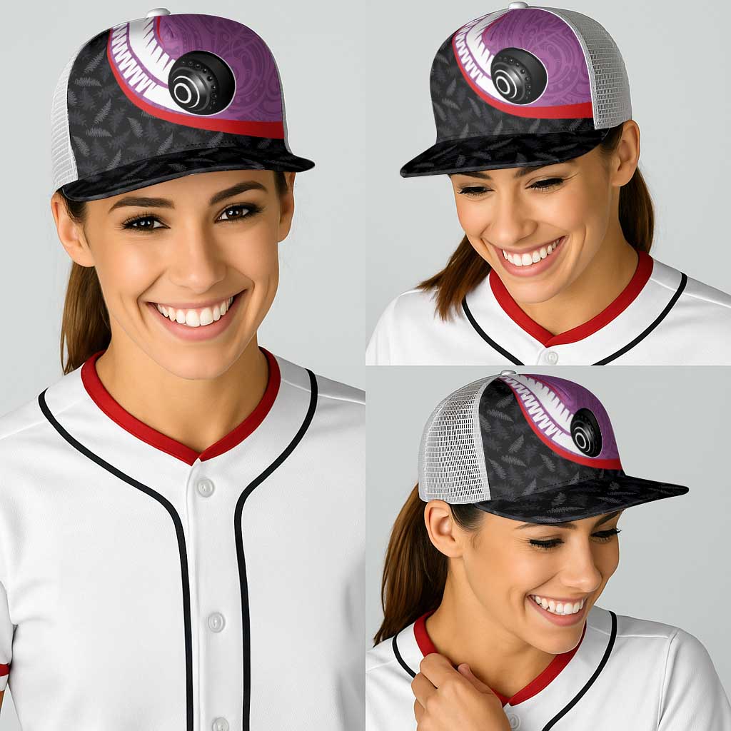 Aotearoa Lawn Bowls Baseball Net Cap Maori and Silver Fern Sporty Style Pink Color - Polynesian Pride