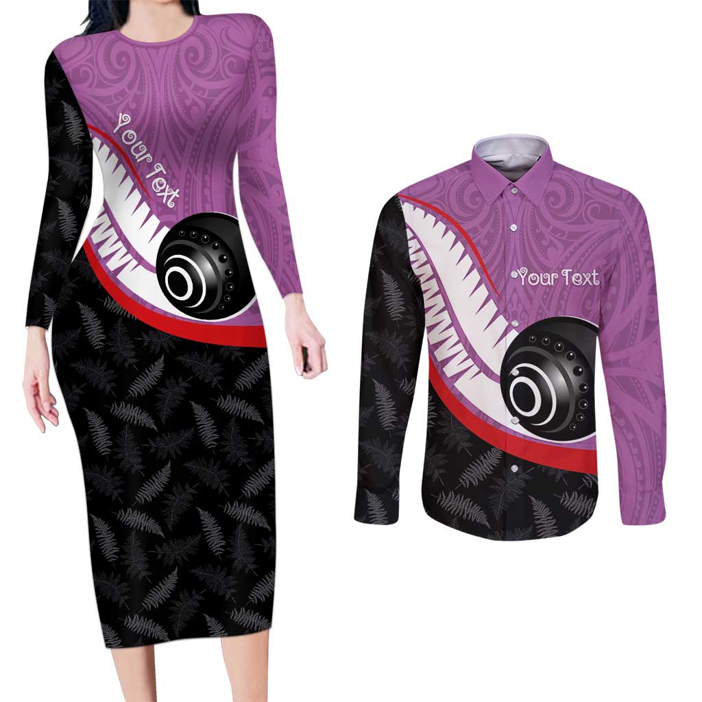 Personalised Aotearoa Lawn Bowls Couples Matching Long Sleeve Bodycon Dress and Long Sleeve Button Shirt Maori and Silver Fern Sporty Style Pink Color LT03 Pink - Polynesian Pride