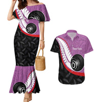 Personalised Aotearoa Lawn Bowls Couples Matching Mermaid Dress and Hawaiian Shirt Maori and Silver Fern Sporty Style Pink Color LT03 Pink - Polynesian Pride
