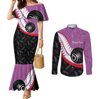 Personalised Aotearoa Lawn Bowls Couples Matching Mermaid Dress and Long Sleeve Button Shirt Maori and Silver Fern Sporty Style Pink Color LT03 Pink - Polynesian Pride