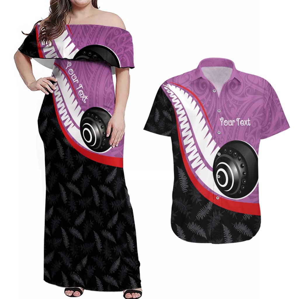 Personalised Aotearoa Lawn Bowls Couples Matching Off Shoulder Maxi Dress and Hawaiian Shirt Maori and Silver Fern Sporty Style Pink Color LT03 Pink - Polynesian Pride