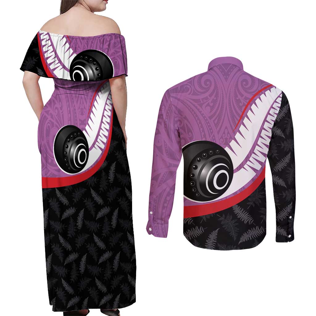 Personalised Aotearoa Lawn Bowls Couples Matching Off Shoulder Maxi Dress and Long Sleeve Button Shirt Maori and Silver Fern Sporty Style Pink Color LT03 - Polynesian Pride