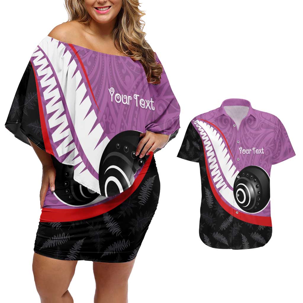 Personalised Aotearoa Lawn Bowls Couples Matching Off Shoulder Short Dress and Hawaiian Shirt Maori and Silver Fern Sporty Style Pink Color LT03 Pink - Polynesian Pride