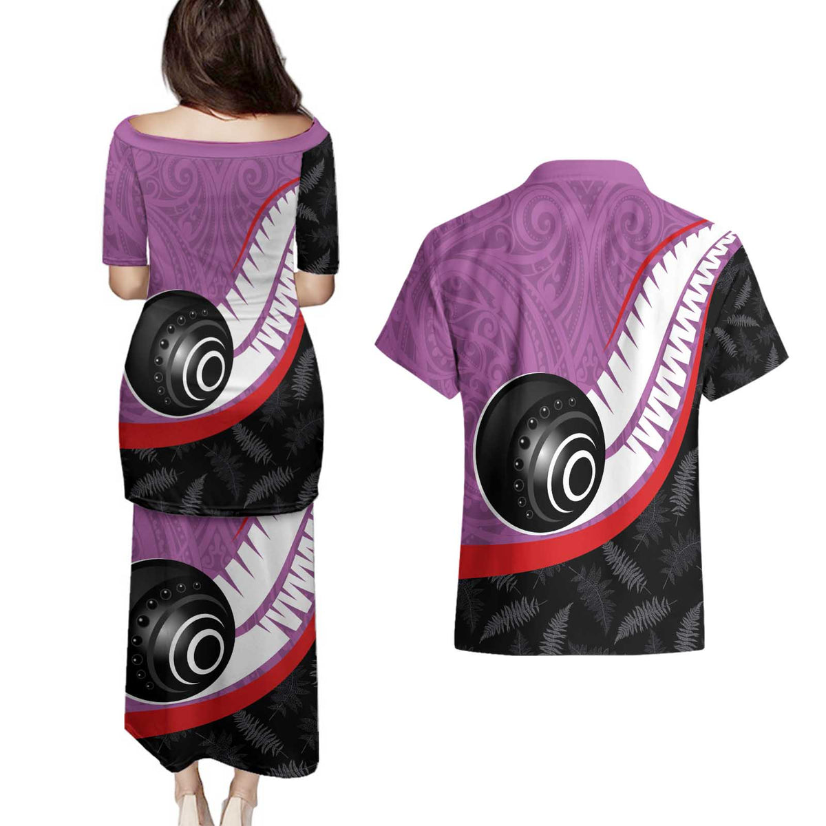 Personalised Aotearoa Lawn Bowls Couples Matching Puletasi and Hawaiian Shirt Maori and Silver Fern Sporty Style Pink Color LT03 - Polynesian Pride