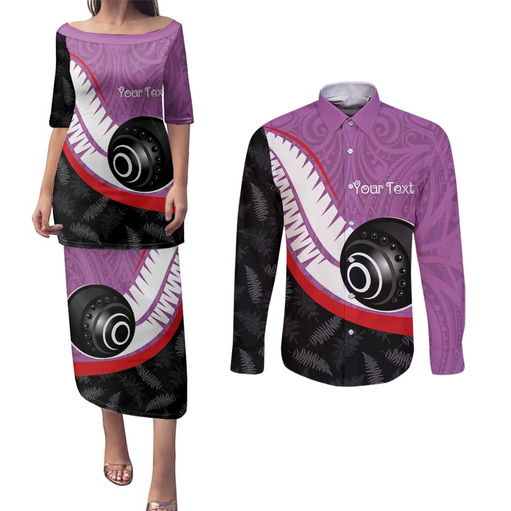 Personalised Aotearoa Lawn Bowls Couples Matching Puletasi and Long Sleeve Button Shirt Maori and Silver Fern Sporty Style Pink Color LT03 Pink - Polynesian Pride