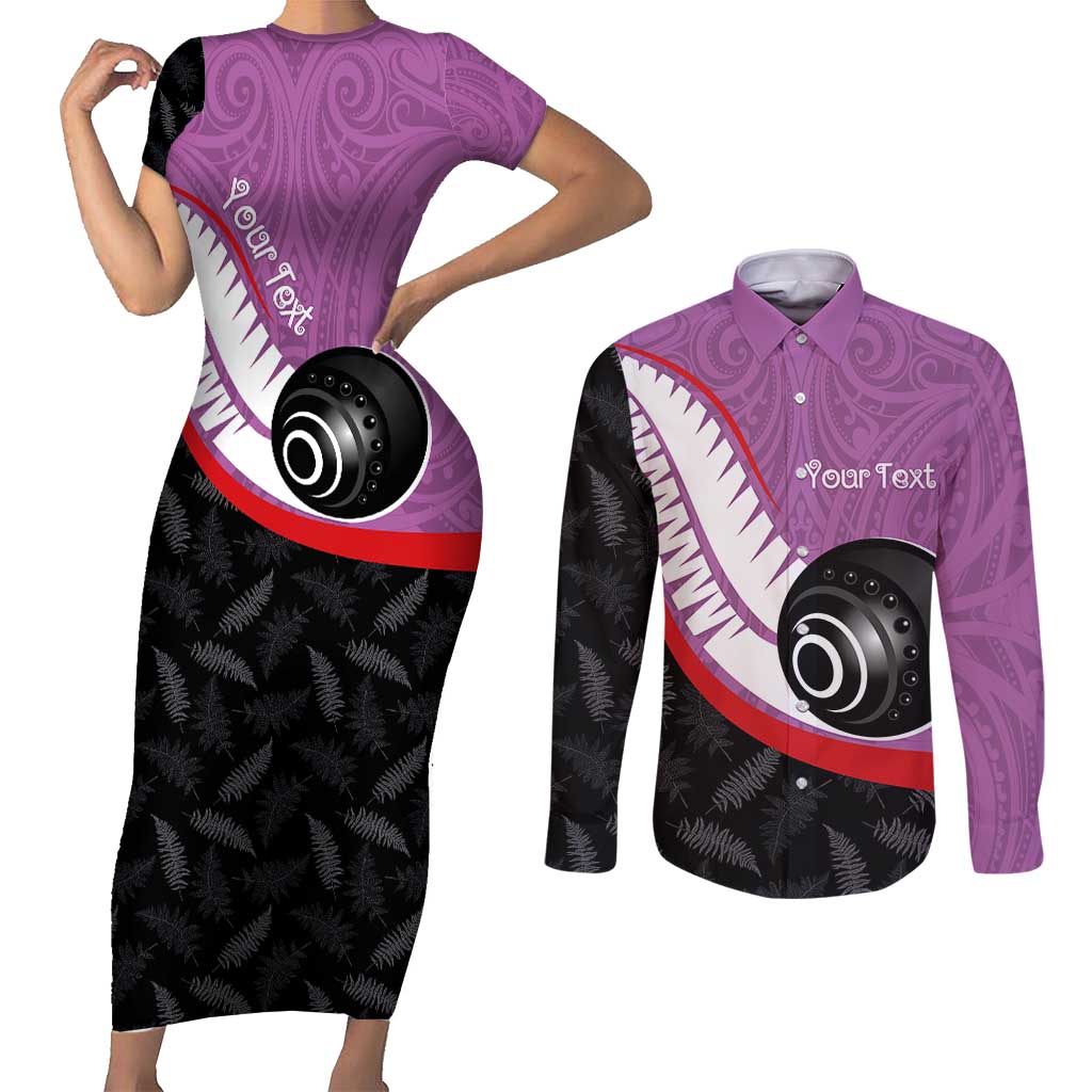 Personalised Aotearoa Lawn Bowls Couples Matching Short Sleeve Bodycon Dress and Long Sleeve Button Shirt Maori and Silver Fern Sporty Style Pink Color LT03 Pink - Polynesian Pride