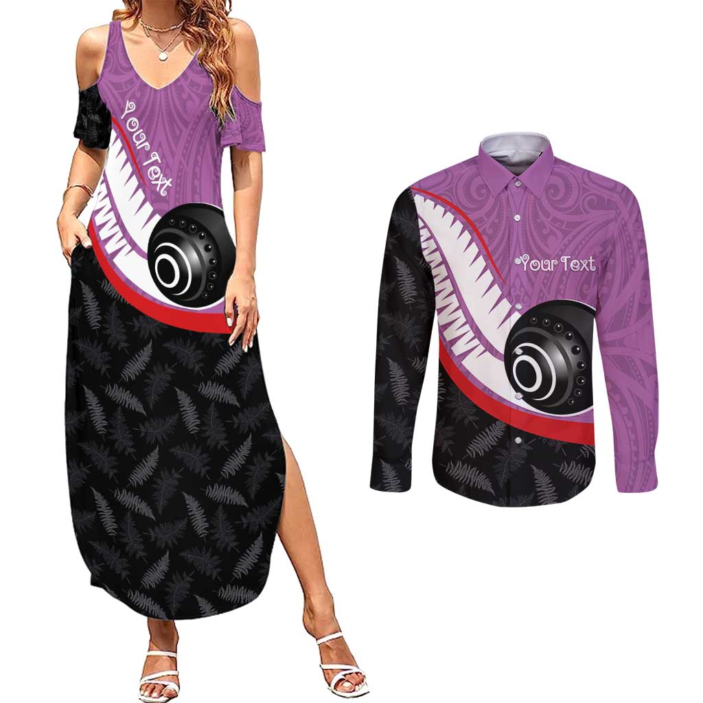Personalised Aotearoa Lawn Bowls Couples Matching Summer Maxi Dress and Long Sleeve Button Shirt Maori and Silver Fern Sporty Style Pink Color LT03 Pink - Polynesian Pride