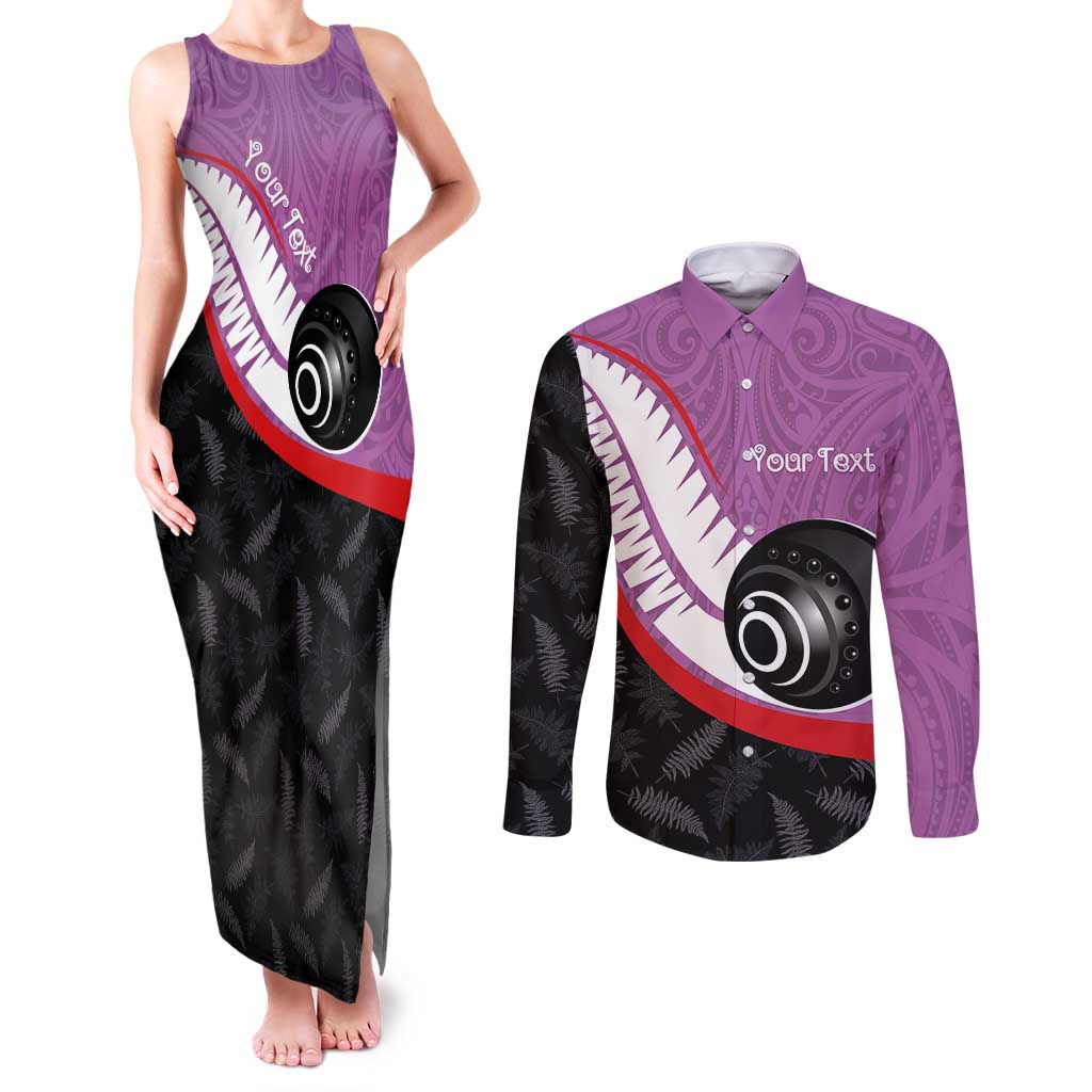 Personalised Aotearoa Lawn Bowls Couples Matching Tank Maxi Dress and Long Sleeve Button Shirt Maori and Silver Fern Sporty Style Pink Color LT03 Pink - Polynesian Pride