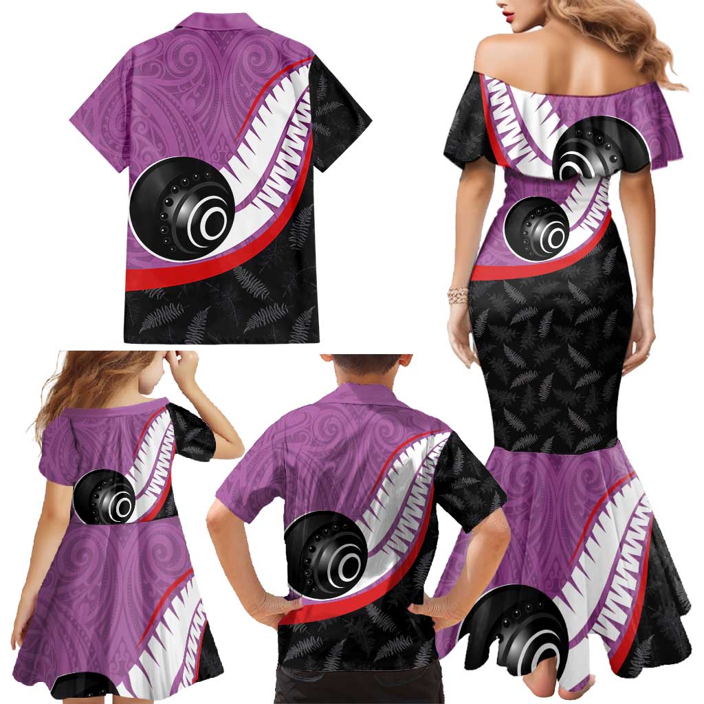 Personalised Aotearoa Lawn Bowls Family Matching Mermaid Dress and Hawaiian Shirt Maori and Silver Fern Sporty Style Pink Color LT03 - Polynesian Pride