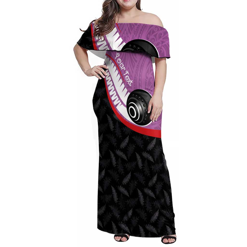 Personalised Aotearoa Lawn Bowls Family Matching Off Shoulder Maxi Dress and Hawaiian Shirt Maori and Silver Fern Sporty Style Pink Color LT03 Mom's Dress Pink - Polynesian Pride