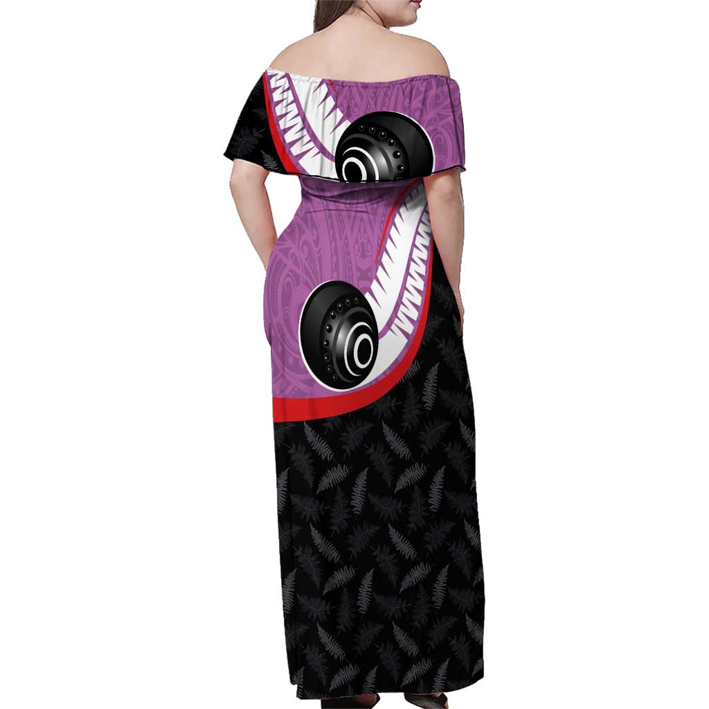 Personalised Aotearoa Lawn Bowls Family Matching Off Shoulder Maxi Dress and Hawaiian Shirt Maori and Silver Fern Sporty Style Pink Color LT03 - Polynesian Pride
