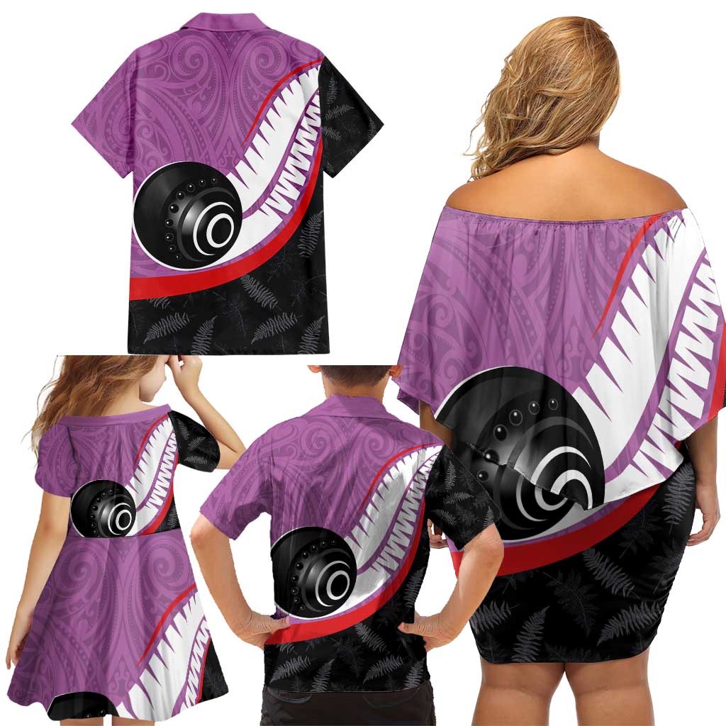 Personalised Aotearoa Lawn Bowls Family Matching Off Shoulder Short Dress and Hawaiian Shirt Maori and Silver Fern Sporty Style Pink Color LT03 - Polynesian Pride