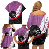 Personalised Aotearoa Lawn Bowls Family Matching Off Shoulder Short Dress and Hawaiian Shirt Maori and Silver Fern Sporty Style Pink Color LT03 - Polynesian Pride