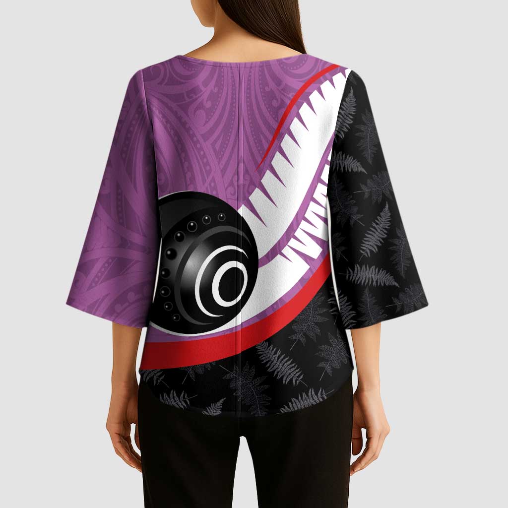 Personalised Aotearoa Lawn Bowls Kimono Sleeve Blouse Maori and Silver Fern Sporty Style Pink Color LT03 - Polynesian Pride