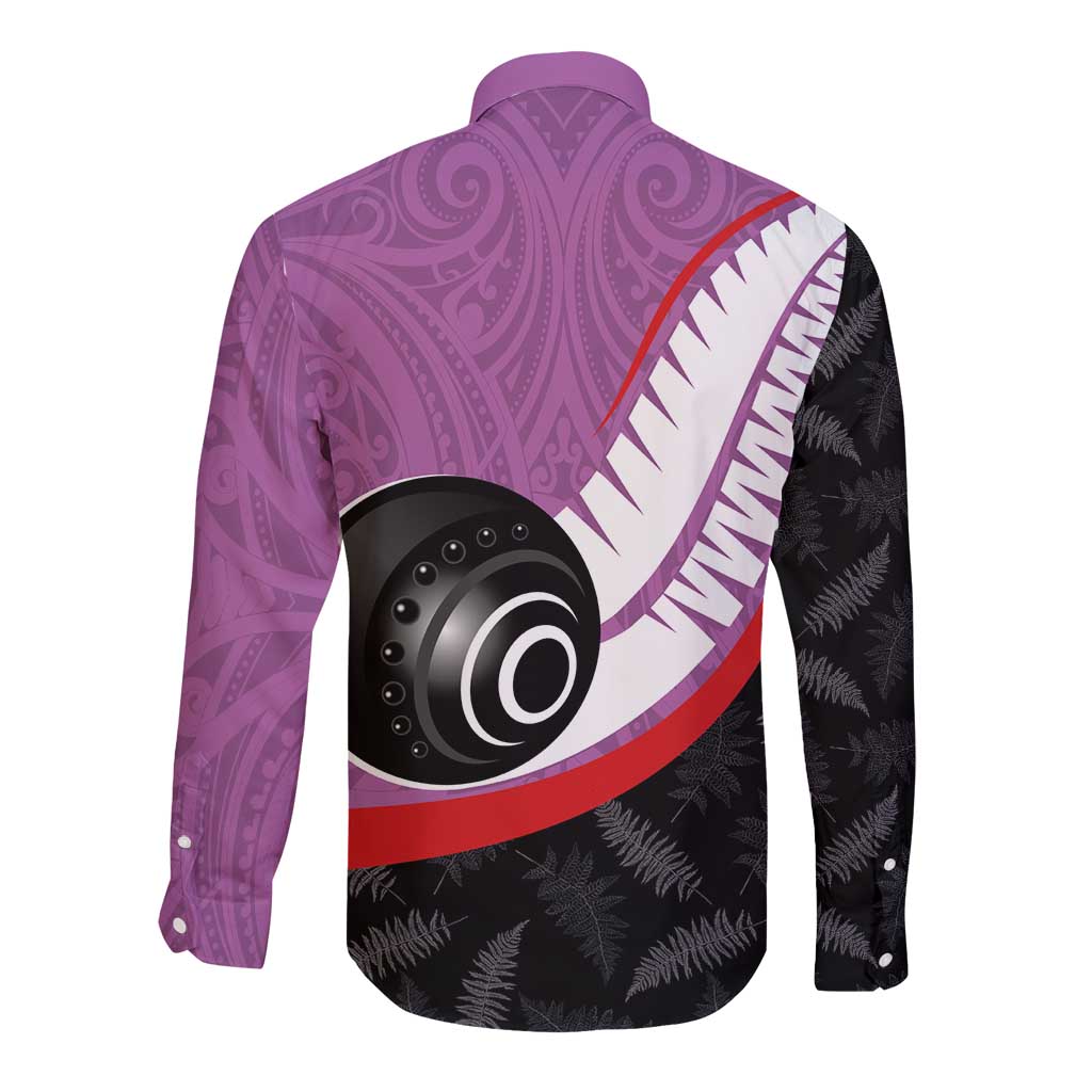 Personalised Aotearoa Lawn Bowls Long Sleeve Button Shirt Maori and Silver Fern Sporty Style Pink Color LT03 - Polynesian Pride