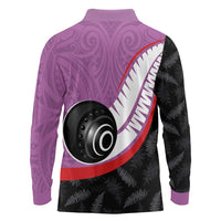 Personalised Aotearoa Lawn Bowls Long Sleeve Polo Shirt Maori and Silver Fern Sporty Style Pink Color LT03 - Polynesian Pride