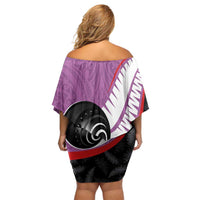 Personalised Aotearoa Lawn Bowls Off Shoulder Short Dress Maori and Silver Fern Sporty Style Pink Color LT03 - Polynesian Pride