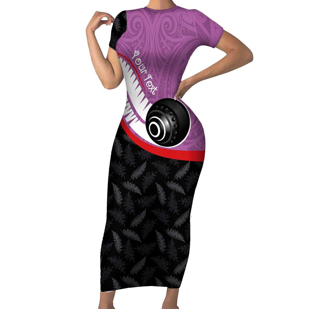 Personalised Aotearoa Lawn Bowls Short Sleeve Bodycon Dress Maori and Silver Fern Sporty Style Pink Color - Polynesian Pride