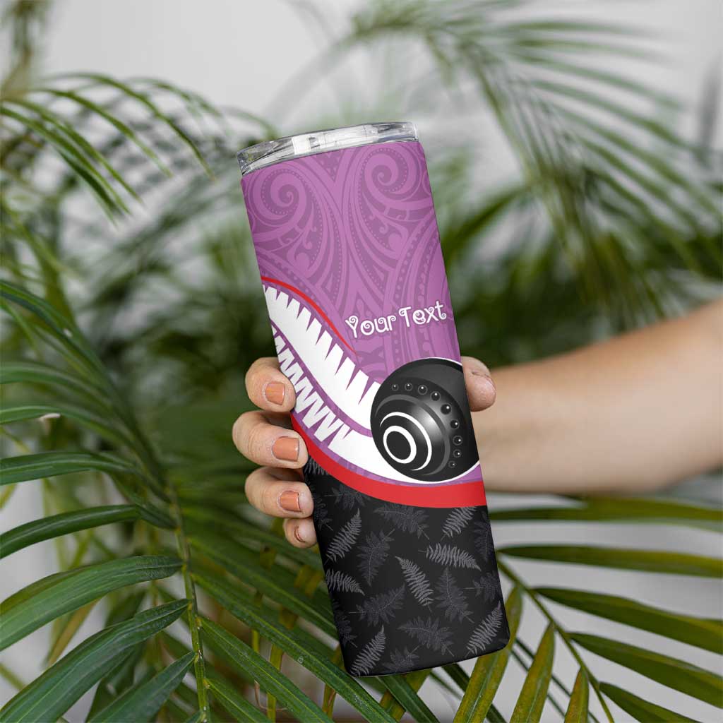 Personalised Aotearoa Lawn Bowls Skinny Tumbler Maori and Silver Fern Sporty Style Pink Color LT03 - Polynesian Pride