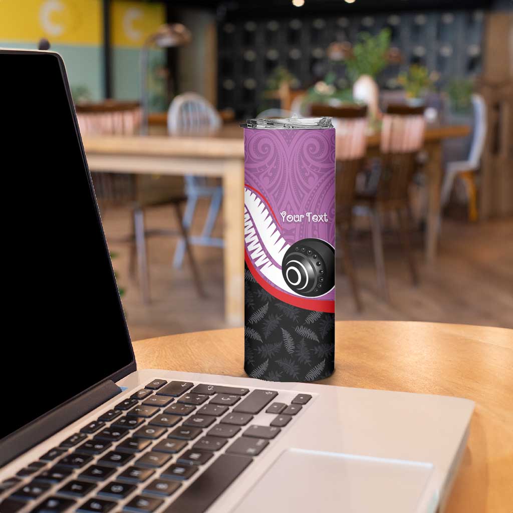 Personalised Aotearoa Lawn Bowls Skinny Tumbler Maori and Silver Fern Sporty Style Pink Color LT03 - Polynesian Pride