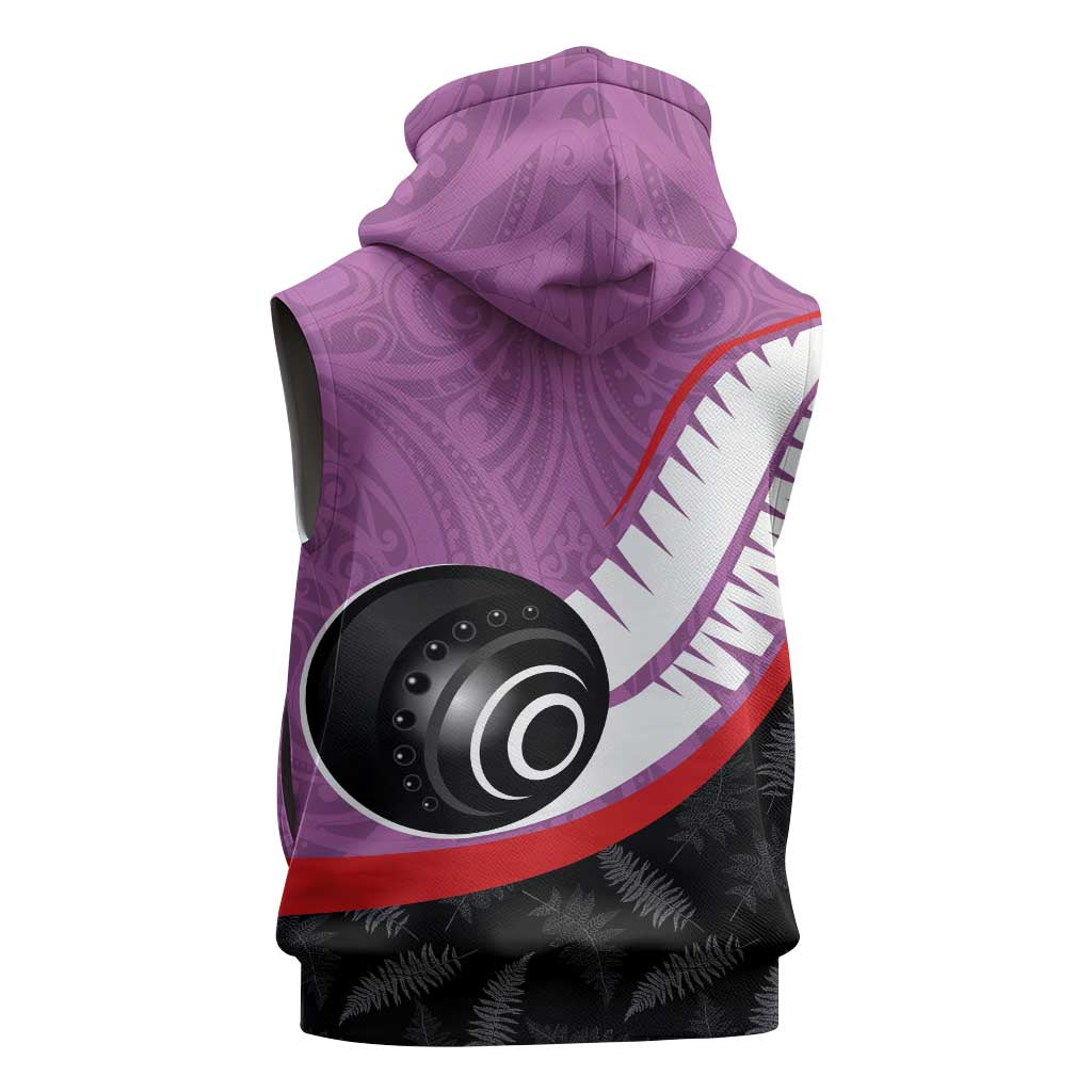 Personalised Aotearoa Lawn Bowls Sleeveless Hoodie Maori and Silver Fern Sporty Style Pink Color LT03 - Polynesian Pride