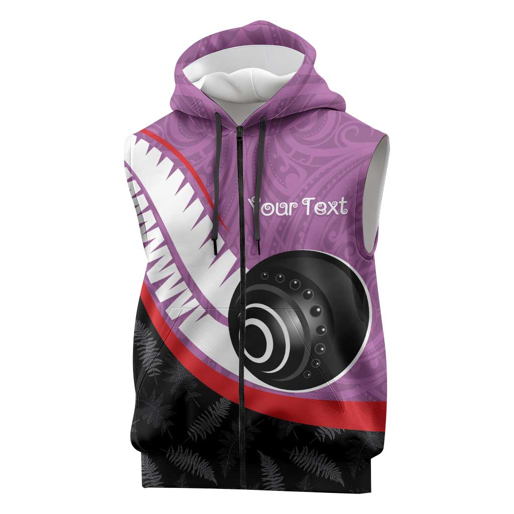 Personalised Aotearoa Lawn Bowls Sleeveless Zip Hoodie Maori and Silver Fern Sporty Style Pink Color LT03 Pink - Polynesian Pride
