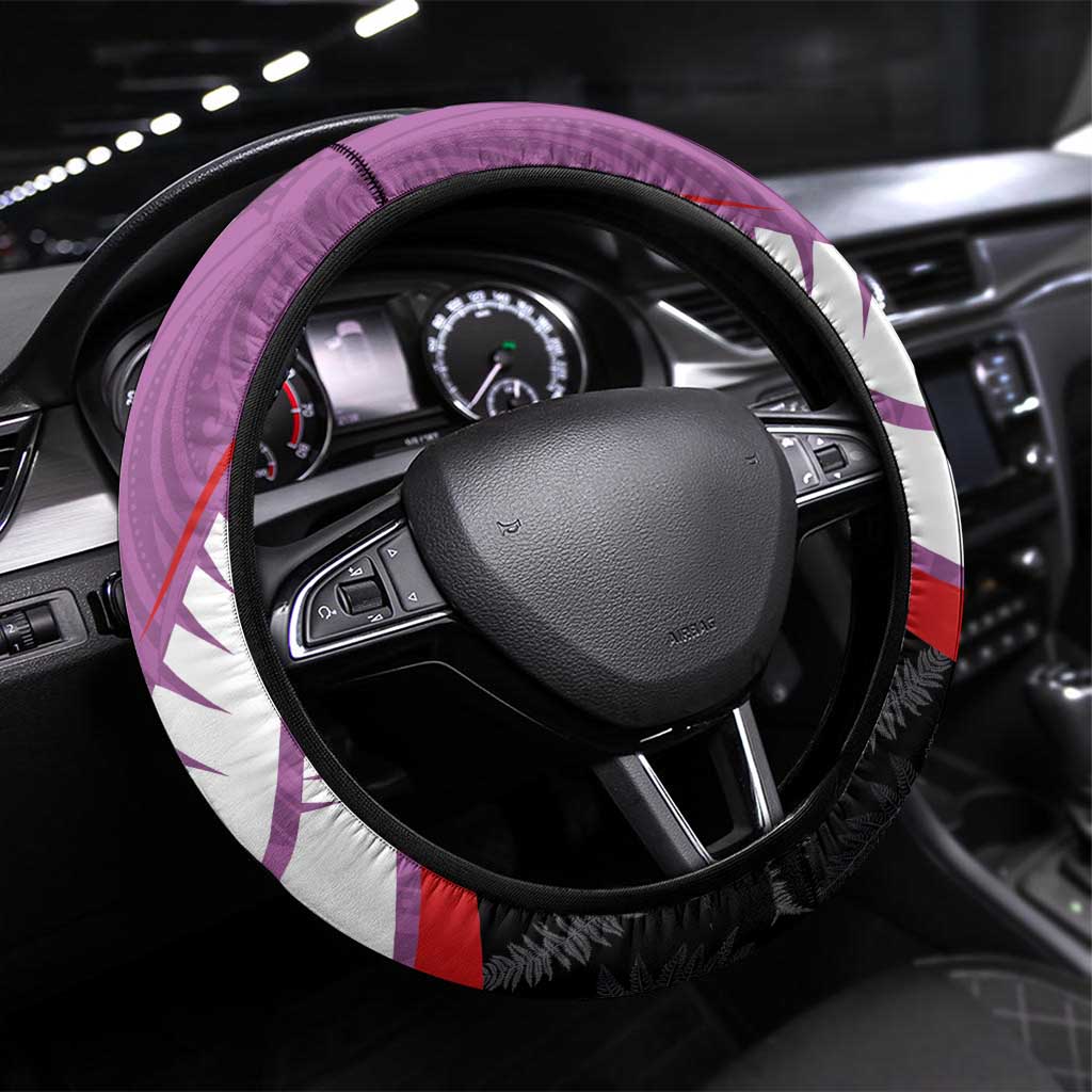 Aotearoa Lawn Bowls Steering Wheel Cover Maori and Silver Fern Sporty Style Pink Color LT03 Universal Fit Pink - Polynesian Pride