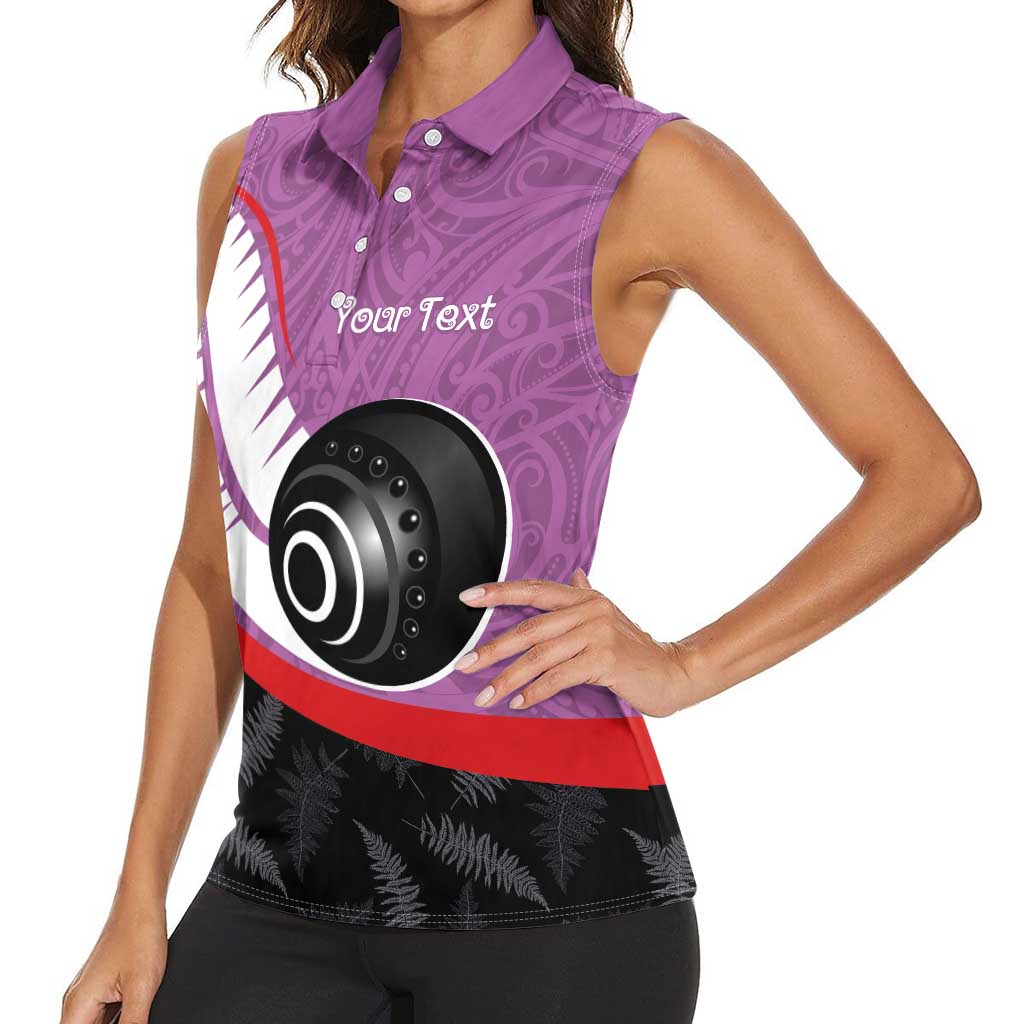 Personalised Aotearoa Lawn Bowls Women Sleeveless Polo Shirt Maori and Silver Fern Sporty Style Pink Color LT03 - Polynesian Pride