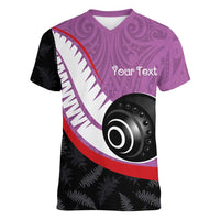 Personalised Aotearoa Lawn Bowls Women V-Neck T-Shirt Maori and Silver Fern Sporty Style Pink Color LT03 Female Pink - Polynesian Pride