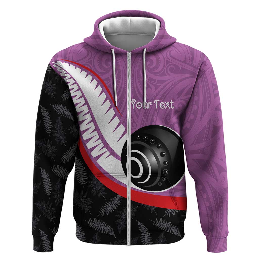 Personalised Aotearoa Lawn Bowls Zip Hoodie Maori and Silver Fern Sporty Style Pink Color LT03 Zip Hoodie Pink - Polynesian Pride
