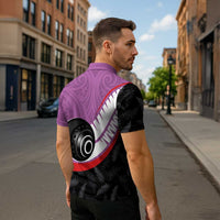 Personalised Aotearoa Lawn Bowls Zipper Polo Shirt Maori and Silver Fern Sporty Style Pink Color LT03 - Polynesian Pride