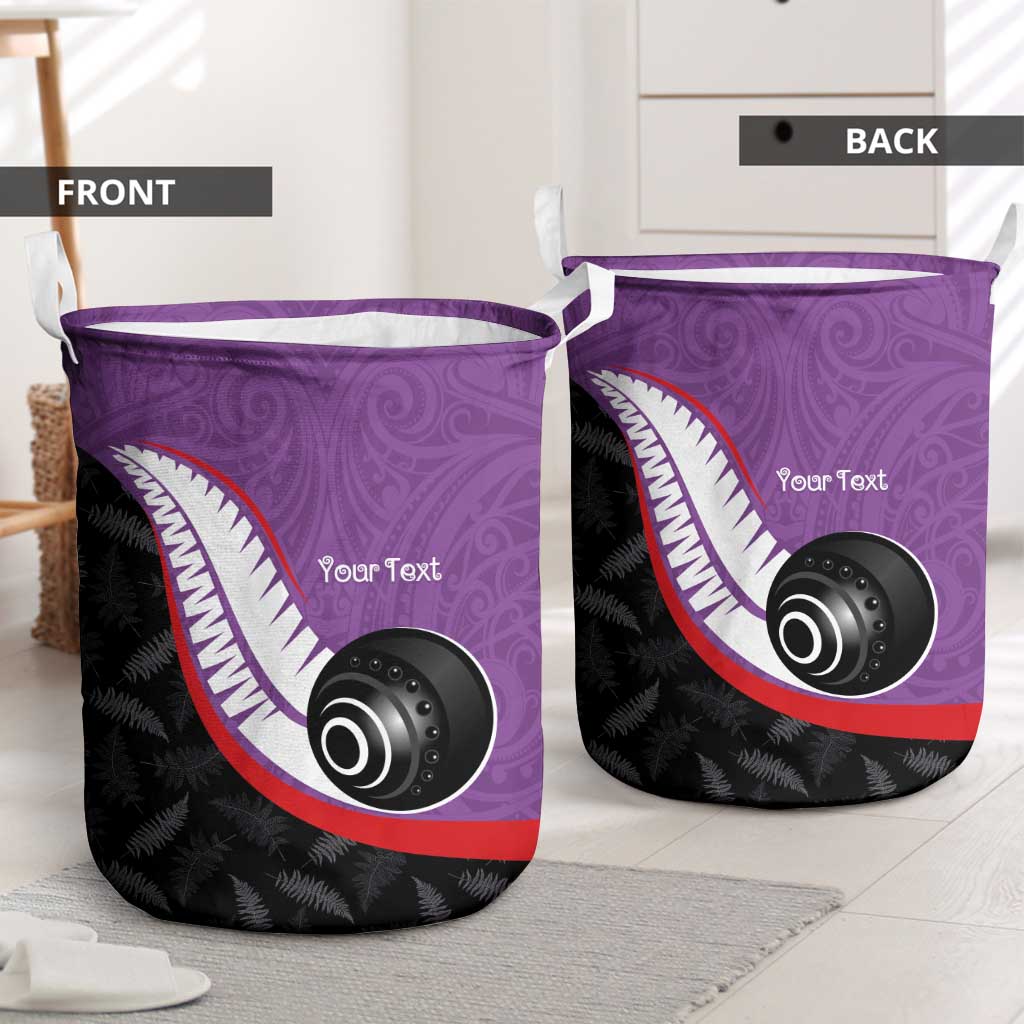 Personalised Aotearoa Lawn Bowls Laundry Basket Maori and Silver Fern Sporty Style Purple Color LT03 - Polynesian Pride