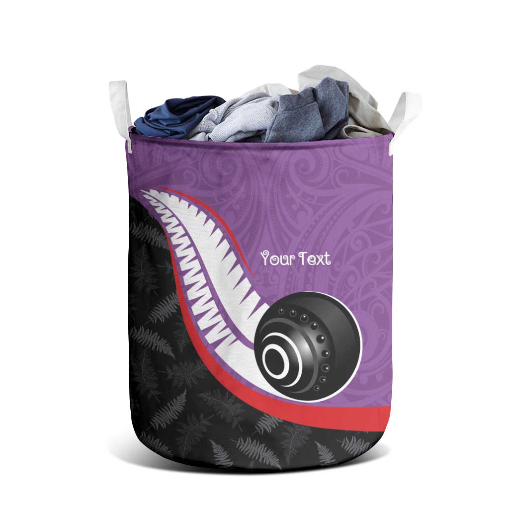 Personalised Aotearoa Lawn Bowls Laundry Basket Maori and Silver Fern Sporty Style Purple Color LT03 - Polynesian Pride