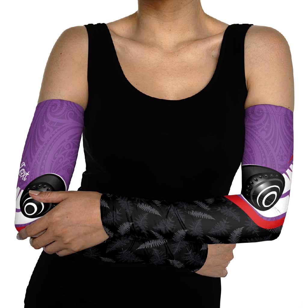 Personalised Aotearoa Lawn Bowls Arm Sleeves Maori and Silver Fern Sporty Style Purple Color LT03 - Polynesian Pride