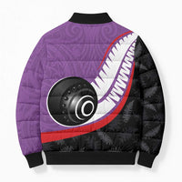 Personalised Aotearoa Lawn Bowls Bomber Puffer Jacket Maori and Silver Fern Sporty Style Purple Color LT03 - Polynesian Pride