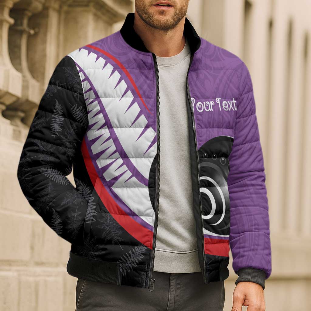 Personalised Aotearoa Lawn Bowls Bomber Puffer Jacket Maori and Silver Fern Sporty Style Purple Color LT03 - Polynesian Pride
