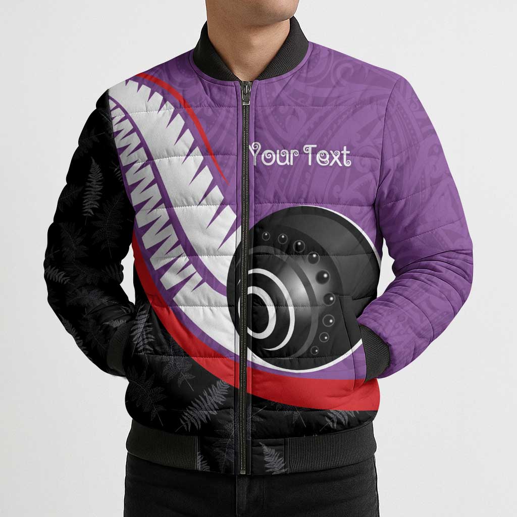 Personalised Aotearoa Lawn Bowls Bomber Puffer Jacket Maori and Silver Fern Sporty Style Purple Color LT03 - Polynesian Pride