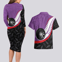 Personalised Aotearoa Lawn Bowls Couples Matching Long Sleeve Bodycon Dress and Hawaiian Shirt Maori and Silver Fern Sporty Style Purple Color LT03 - Polynesian Pride