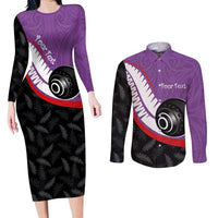 Personalised Aotearoa Lawn Bowls Couples Matching Long Sleeve Bodycon Dress and Long Sleeve Button Shirt Maori and Silver Fern Sporty Style Purple Color LT03 Purple - Polynesian Pride