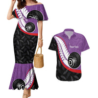Personalised Aotearoa Lawn Bowls Couples Matching Mermaid Dress and Hawaiian Shirt Maori and Silver Fern Sporty Style Purple Color LT03 Purple - Polynesian Pride