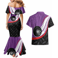 Personalised Aotearoa Lawn Bowls Couples Matching Mermaid Dress and Hawaiian Shirt Maori and Silver Fern Sporty Style Purple Color LT03 - Polynesian Pride