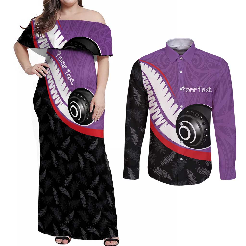 Personalised Aotearoa Lawn Bowls Couples Matching Off Shoulder Maxi Dress and Long Sleeve Button Shirt Maori and Silver Fern Sporty Style Purple Color LT03 Purple - Polynesian Pride