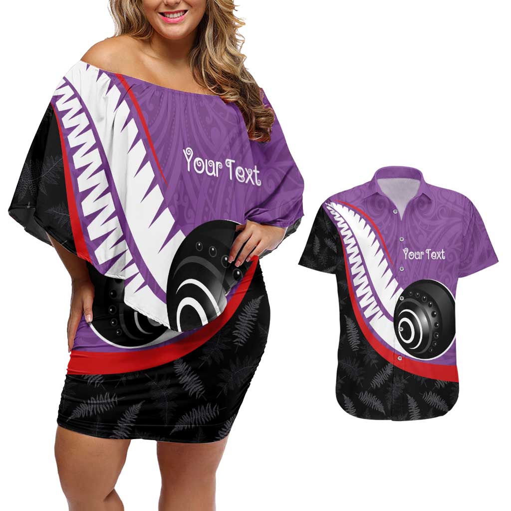 Personalised Aotearoa Lawn Bowls Couples Matching Off Shoulder Short Dress and Hawaiian Shirt Maori and Silver Fern Sporty Style Purple Color LT03 Purple - Polynesian Pride