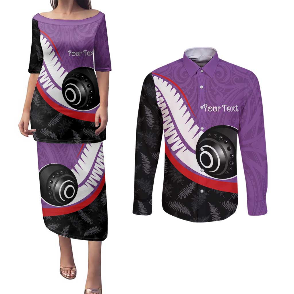 Personalised Aotearoa Lawn Bowls Couples Matching Puletasi and Long Sleeve Button Shirt Maori and Silver Fern Sporty Style Purple Color LT03 Purple - Polynesian Pride