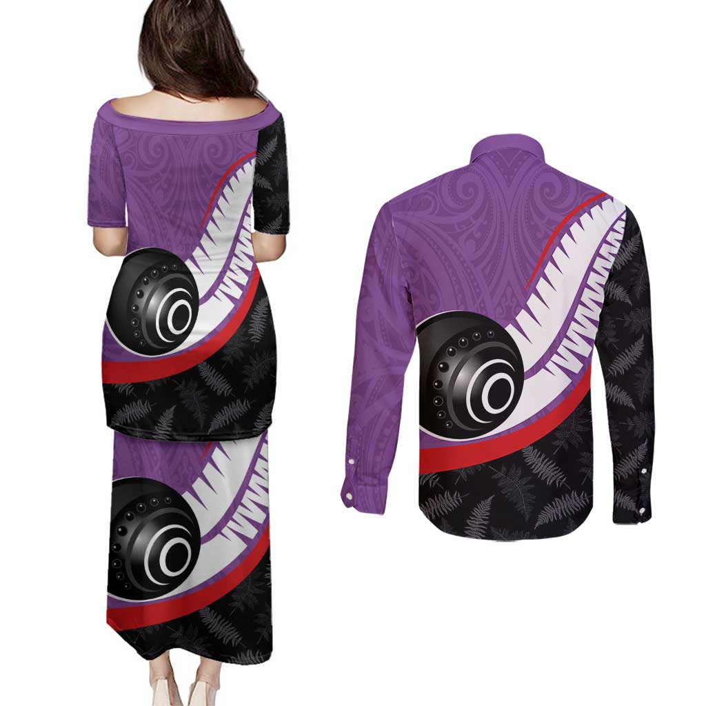 Personalised Aotearoa Lawn Bowls Couples Matching Puletasi and Long Sleeve Button Shirt Maori and Silver Fern Sporty Style Purple Color LT03 - Polynesian Pride