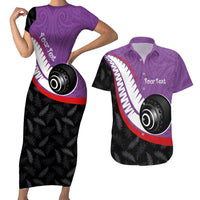 Personalised Aotearoa Lawn Bowls Couples Matching Short Sleeve Bodycon Dress and Hawaiian Shirt Maori and Silver Fern Sporty Style Purple Color LT03 Purple - Polynesian Pride