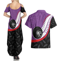 Personalised Aotearoa Lawn Bowls Couples Matching Summer Maxi Dress and Hawaiian Shirt Maori and Silver Fern Sporty Style Purple Color LT03 - Polynesian Pride