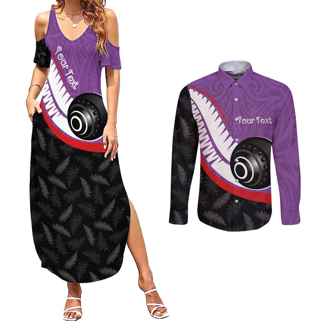 Personalised Aotearoa Lawn Bowls Couples Matching Summer Maxi Dress and Long Sleeve Button Shirt Maori and Silver Fern Sporty Style Purple Color LT03 Purple - Polynesian Pride